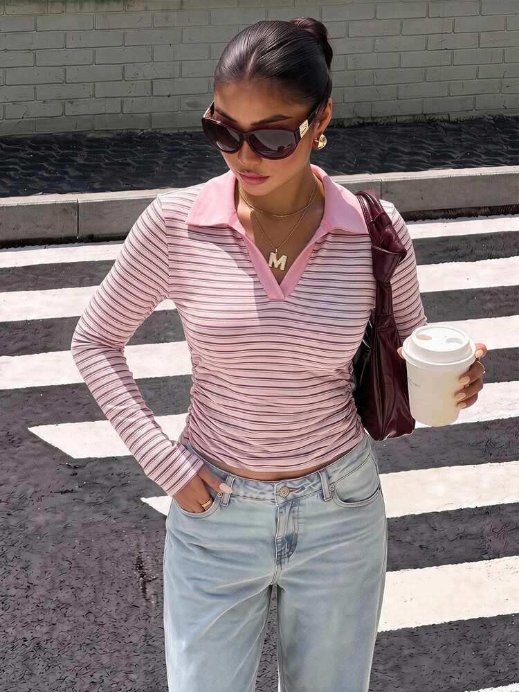 Muchica Women's Striped Casual Versatile Daily Long Sleeve T-Shirt - White - View 3