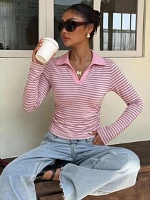 Muchica 女款條紋休閒百搭日常長袖T恤 - 白色 - 查看 5