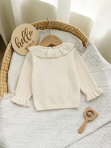 SHEIN Baby Girls' Sweater, Stylish Floral Lace‑Collar Crew Neck Long‑Sleeve Knit Base - White - View 2