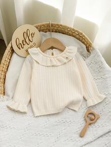 SHEIN Baby Girls' Sweater, Stylish Floral Lace‑Collar Crew Neck Long‑Sleeve Knit Base - White - View 1