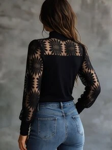 EMERY ROSE Contrast Lace Mock Neck Top Fall Cloth For Women - Black - View 2
