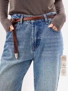 KÆRIA Hus 大尺寸街頭風休閒 80 年代 Mom Fit 牛仔褲 - 柔軟觸感丹寧 - 復古水藍色水洗，寬鬆版型，適合校園、日常、夏季，男孩穿著，酷炫時尚 - 淺色水洗藍 - 查看 1