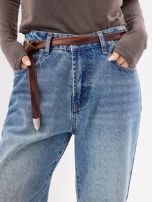 KÆRIA Hus 大尺寸街頭風休閒 80 年代 Mom Fit 牛仔褲 - 柔軟觸感丹寧 - 復古水藍色水洗，寬鬆版型，適合校園、日常、夏季，男孩穿著，酷炫時尚 - 淺色水洗藍 - 查看 8