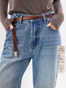 KÆRIA Hus 大尺寸街頭風休閒 80 年代 Mom Fit 牛仔褲 - 柔軟觸感丹寧 - 復古水藍色水洗，寬鬆版型，適合校園、日常、夏季，男孩穿著，酷炫時尚 - 淺色水洗藍 - 查看 9