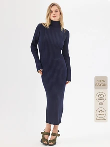KÆRIA Hus Long Sleeve Ribbed Turtleneck Maxi Knit Dress - Premium Viscose - Navy Tipped - Bodycon, Minimalist Elegant Mature Office Navy Blue Fall - Navy Blue - View 9