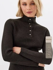 KÆRIA Hus Fine Button High Neck Jumper - Lustrous Compact Knit - Charcoal - Elegant Basics, Luxury, Casual, Modern Work Autumn - Black - View 9