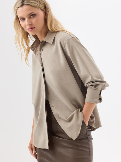 KÆRIA Hus Relaxed Long Sleeve Button Up Shirt - Wool Blend Shirting - Taupe - Button Up, Minimalist, Workwear