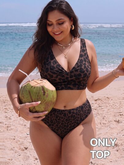 SHEIN Swim ملابس سباحة علوية للنساء بمقاسات كبيرة بطبعة نمر بني، إلهة يونانية مثيرة بأسلوب بسيط، عطلة شاطئية، سباحة في المسبح صيفية