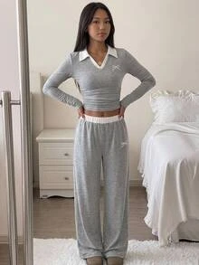 SHEIN Kids Tween Girl Grey Knit 2 Pieces Casual Everyday Versatile Set - Grey - View 1