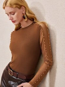 SHEIN Women's Top Slim Fit Knit Mesh Beaded Patchwork Round Neck Modern Brown Ribbed Long Sleeve Tops For Women Mesh Top Thanksgiving - Coffee Brown - View 1
