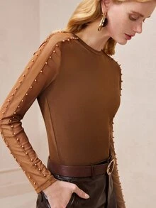 SHEIN Women's Top Slim Fit Knit Mesh Beaded Patchwork Round Neck Modern Brown Ribbed Long Sleeve Tops For Women Mesh Top Thanksgiving - Coffee Brown - View 11