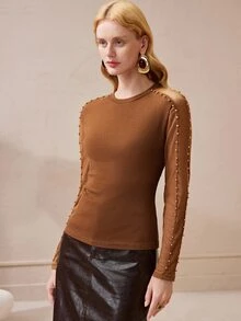 SHEIN Women's Top Slim Fit Knit Mesh Beaded Patchwork Round Neck Modern Brown Ribbed Long Sleeve Tops For Women Mesh Top Thanksgiving - Coffee Brown - View 6