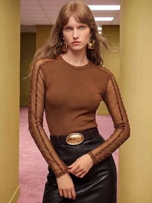 SHEIN Women's Top Slim Fit Knit Mesh Beaded Patchwork Round Neck Modern Brown Ribbed Long Sleeve Tops For Women Mesh Top Thanksgiving - Coffee Brown - View 2