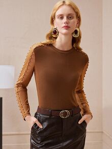 SHEIN Women's Top Slim Fit Knit Mesh Beaded Patchwork Round Neck Modern Brown Ribbed Long Sleeve Tops For Women Mesh Top Thanksgiving - Coffee Brown - View 10