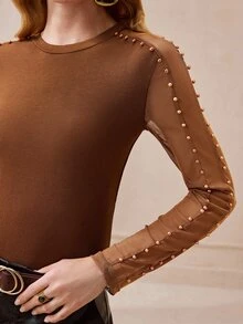 SHEIN Women's Top Slim Fit Knit Mesh Beaded Patchwork Round Neck Modern Brown Ribbed Long Sleeve Tops For Women Mesh Top Thanksgiving - Coffee Brown - View 9