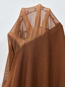 SHEIN Women's Top Slim Fit Knit Mesh Beaded Patchwork Round Neck Modern Brown Ribbed Long Sleeve Tops For Women Mesh Top Thanksgiving - Coffee Brown - View 13