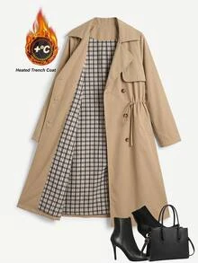 Reflora Plus Size Women's Drawstring Waist Casual Long Trench Coat Jacket, Autumn/Winter - Khaki - View 9