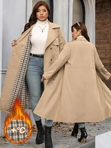 Reflora Plus Size Women's Drawstring Waist Casual Long Trench Coat Jacket, Autumn/Winter - Khaki - View 8