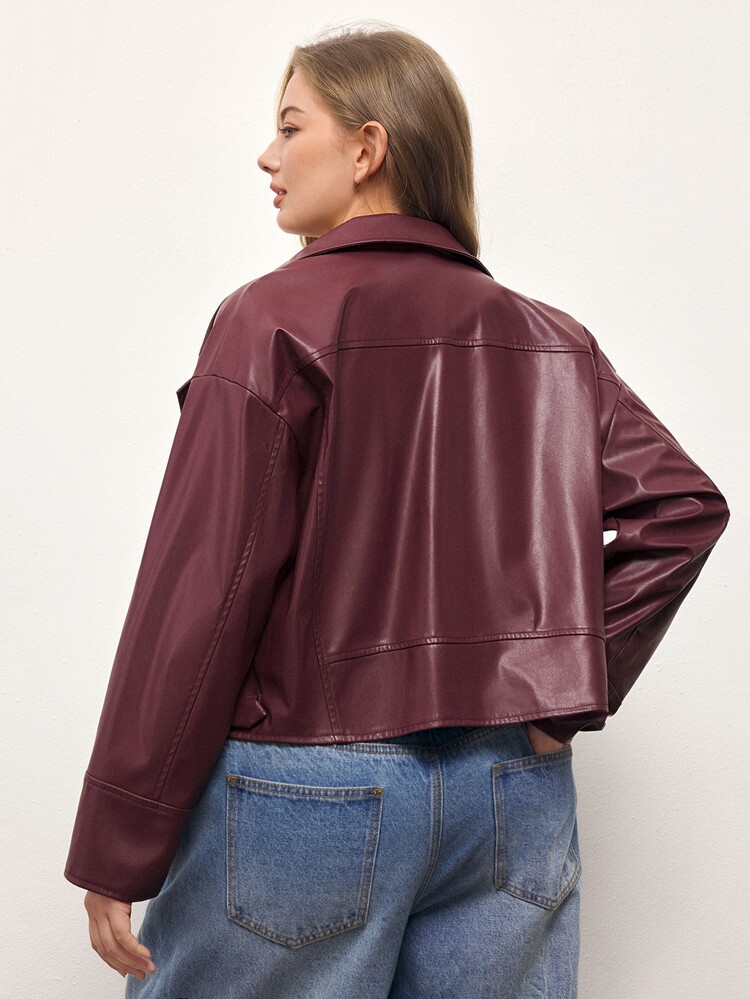 Maija Plus Size Fashion Streetwear Cargo Anti Social Casual Button Long Sleeve PU Material Jacket Night Out Going Out Party Cocktail Maroon Fall Winter - Burgundy - View 4