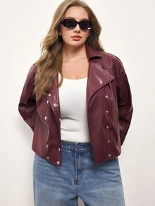 Maija Plus Size Fashion Streetwear Button Long Sleeve PU Material Jacket - Burgundy - View 5