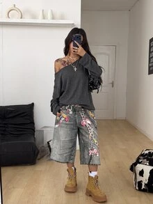 Coolane 女士春季哥特颓废风 Y2K 丘比特图案舒适不对称领口露肩长袖T恤，X Rafael Machado - 黑色 - 查看 4