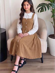 SHEIN Tween Girls Brown Corduroy Overall Dress Preppy School Style White Shirt Peter Pan Collar Elegant Pearl Button Long Sleeve 2 Pieces Look Autumn Winter - Khaki - View 6