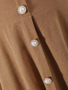 SHEIN Tween Girls Brown Corduroy Overall Dress Preppy School Style White Shirt Peter Pan Collar Elegant Pearl Button Long Sleeve 2 Pieces Look Autumn Winter - Khaki - View 11
