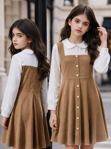 SHEIN Tween Girls Brown Corduroy Overall Dress Preppy School Style White Shirt Peter Pan Collar Elegant Pearl Button Long Sleeve 2 Pieces Look Autumn Winter - Khaki - View 1