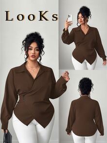 Elenzga Plus Size Women's Solid Color Asymmetric Hem Wrap Front Elegant Long Sleeve Blouse Fall - Brown - View 1
