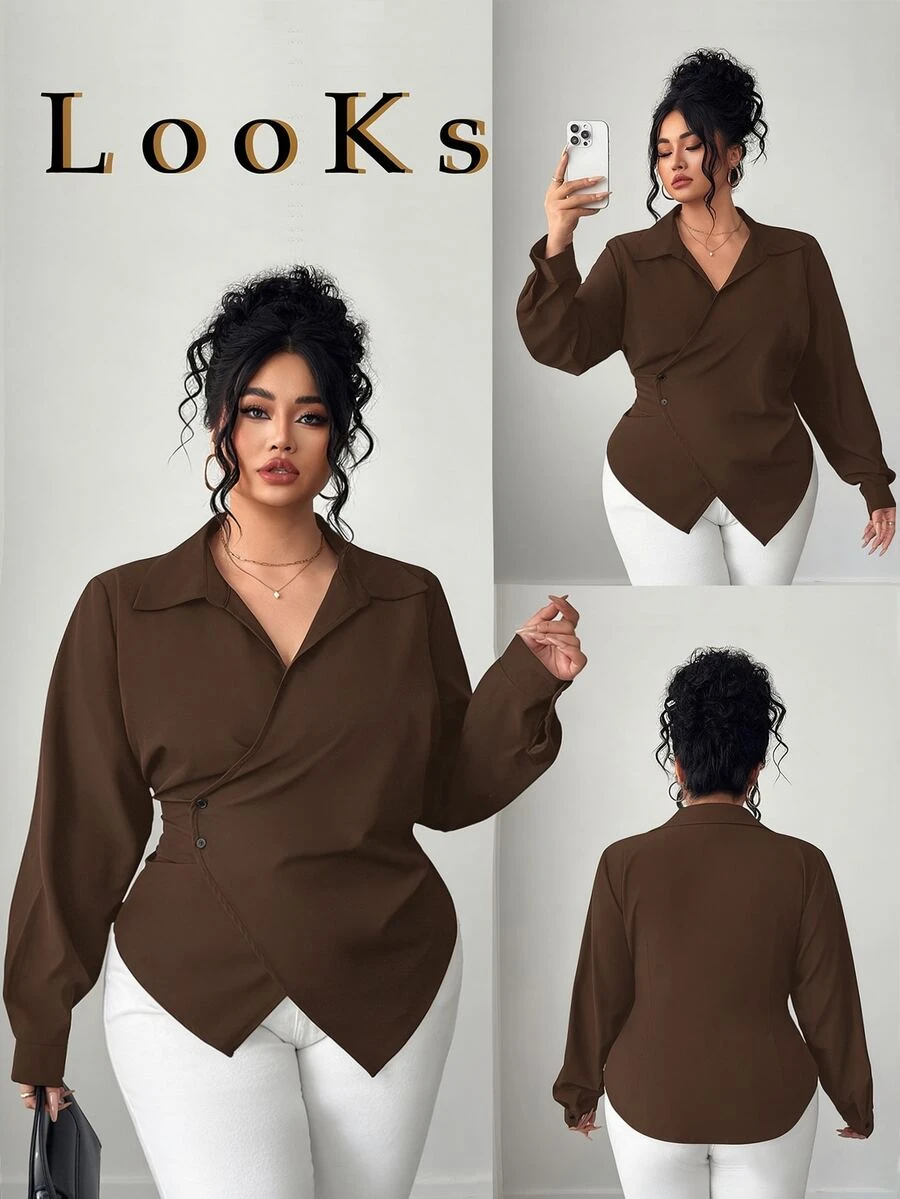 Elenzga Plus Size Women's Solid Color Asymmetric Hem Wrap Front Elegant Long Sleeve Blouse Fall - Brown - View 1