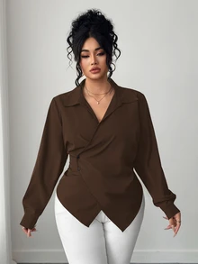 Elenzga Plus Size Women's Solid Color Asymmetric Hem Wrap Front Elegant Long Sleeve Blouse Fall - Brown - View 5