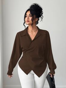 Elenzga Plus Size Women's Solid Color Asymmetric Hem Wrap Front Elegant Long Sleeve Blouse Fall - Brown - View 6