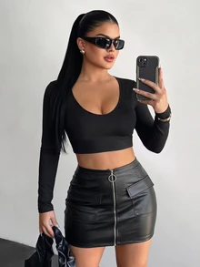 SHEIN SXY Solid Fitted Crop Tee Concert Long Autumn Prom Sexy Valentine Day Going Out Night Out Black - Black - View 3