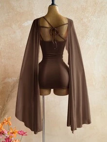 Soleia Women's Vacation Beach Cape Sleeve Top & Dress 2 Pieces Set,Cape Sleeve Sheer,Boho Party - Coffee Brown - View 2