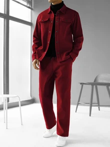 RONVEXI 2pcs Men's Solid Color Front Button Shirt With Pocket And Casual Pants Set, Fall Clothes, Cozy Outfits - Burgundy - View 5