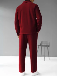 RONVEXI 2pcs Men's Solid Color Front Button Shirt With Pocket And Casual Pants Set, Fall Clothes, Cozy Outfits - Burgundy - View 2
