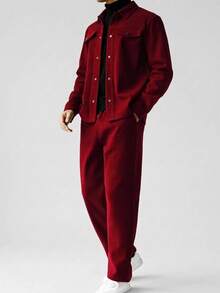 RONVEXI 2pcs Men's Solid Color Front Button Shirt With Pocket And Casual Pants Set, Fall Clothes, Cozy Outfits - Burgundy - View 1