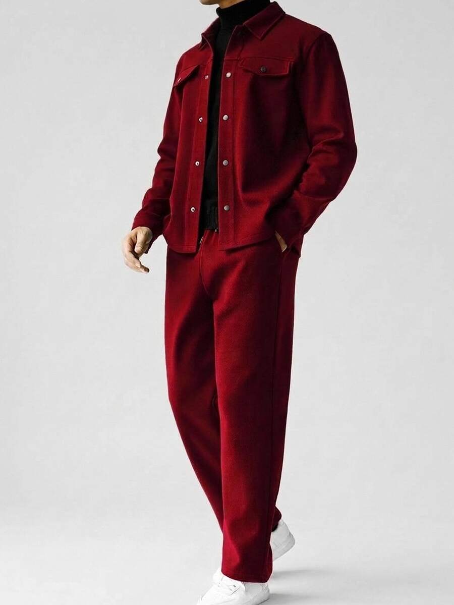 RONVEXI 2pcs Men's Solid Color Front Button Shirt With Pocket And Casual Pants Set, Fall Clothes, Cozy Outfits - Burgundy - View 1