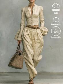 Trelyra Old Money 風格麻纖維兩件套，立領喇叭袖短版襯衫 + 百褶寬腿長褲，優雅通勤套裝，女款冬季穿著，女款秋季穿著，女款休閒套裝，女款度假穿著，女款通勤穿著，外出穿著，女款杏色套裝 - 杏色 - 查看 5