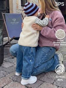 3PS Baby Boy Casual Minimalist Loose Comfortable Knitted Soft Fleece Vest Sweatshirt Denim Jeans 3 Pieces Set Suitable For Autumn/Winter - Blue and White - View 6