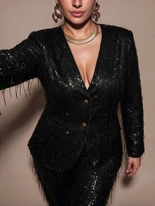 SHEIN BAE CURVE These Stunning, Shimmering Women's Trousers Feature A Slim, Tailored Fit And A Design Adorned With Sparkling Sequins-An Ideal Choice For Festive - Black - View 3
