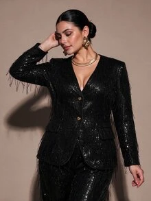SHEIN BAE CURVE These Stunning, Shimmering Women's Trousers Feature A Slim, Tailored Fit And A Design Adorned With Sparkling Sequins-An Ideal Choice For Festive - Black - View 4