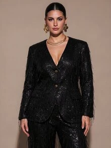 SHEIN BAE CURVE These Stunning, Shimmering Women's Trousers Feature A Slim, Tailored Fit And A Design Adorned With Sparkling Sequins-An Ideal Choice For Festive - Black - View 1