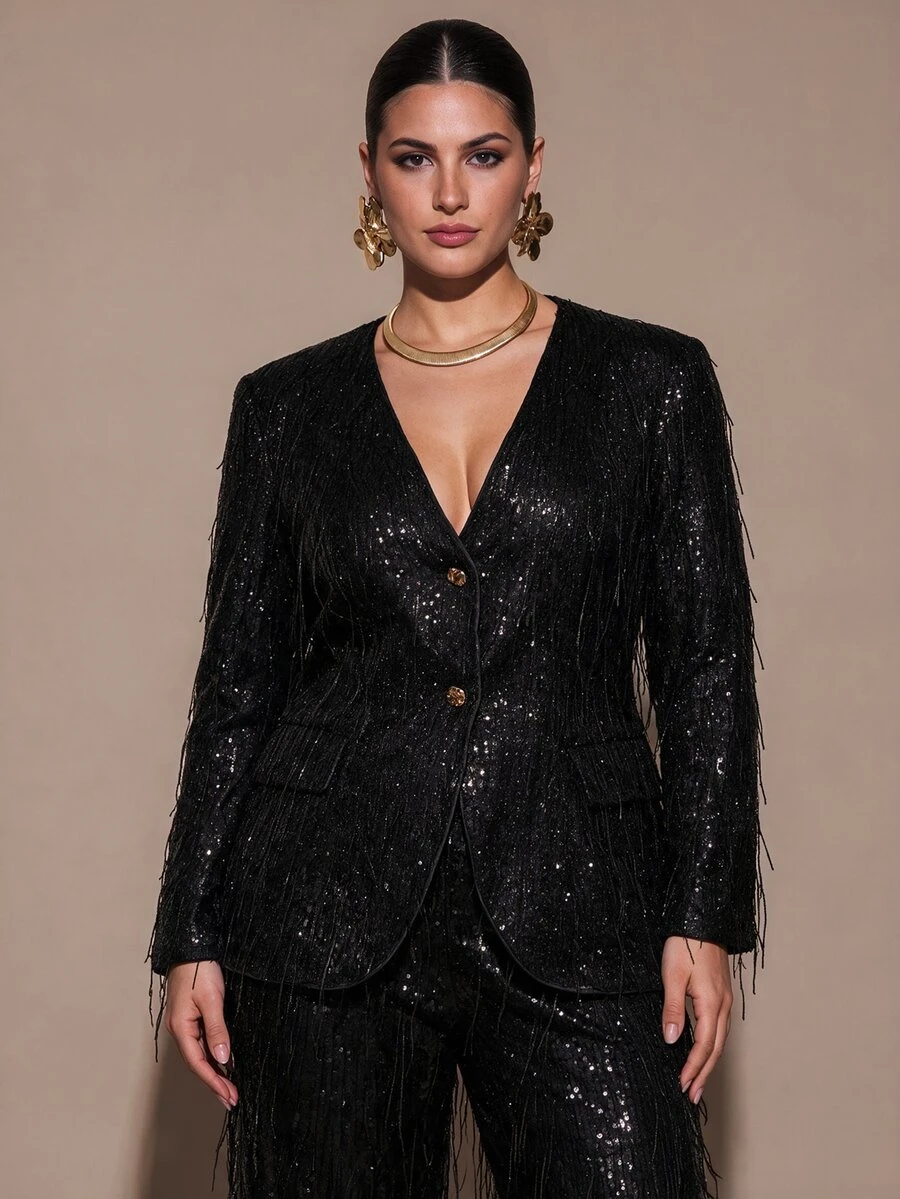 SHEIN BAE CURVE These Stunning, Shimmering Women's Trousers Feature A Slim, Tailored Fit And A Design Adorned With Sparkling Sequins-An Ideal Choice For Festive - Black - View 1