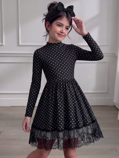SHEIN Girls' New Elegant Fashion Princess Style Black Mesh Dress