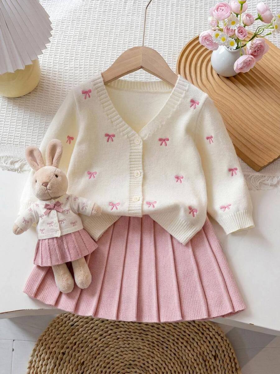 Souflis 6個月-3歲女嬰蝴蝶結刺繡V領針織開襟衫與百褶裙2件套,嬰幼兒秋冬針織毛衣套裝,可愛女孩休閒穿著 - 粉色 - 查看 1