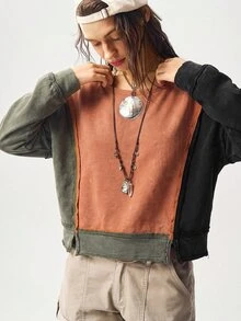 Bohemela Casual Boho Knit Patchwork Long Sleeve Women's Sweatshirt Everyday Travel Orange And Black Autumn - Multicolor - View 3