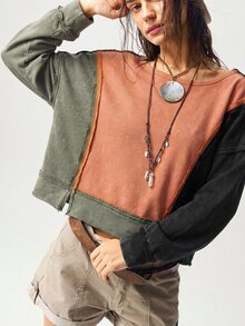 Bohemela Casual Boho Knit Patchwork Long Sleeve Women's Sweatshirt Everyday Travel Orange And Black Autumn - Multicolor - View 4