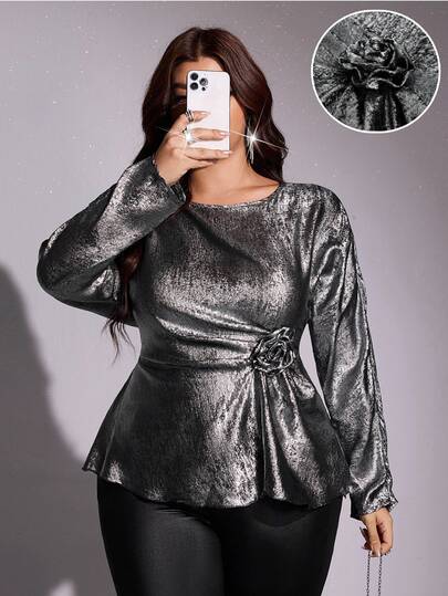 Viva Relle Spring Autumn Winter New Essential Premium Elegant Exquisite Vintage Glamorous Fashion Design Silver Shiny Fabric Side Knot 3D Floral Asymmetrical Hem Daily Casual Party Plus Size Women Blouse