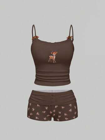 J-Fashion Conjunto casual de top de tirantes con bordado de ciervo y shorts para mujer